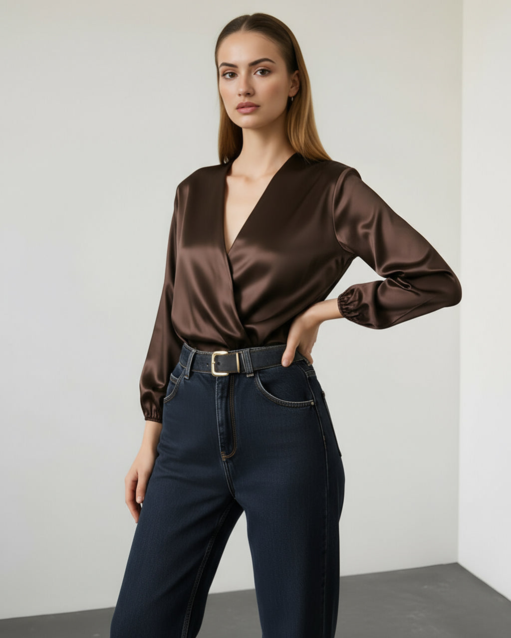 Brown V Neck Wrap Satin Tops SOLACE
