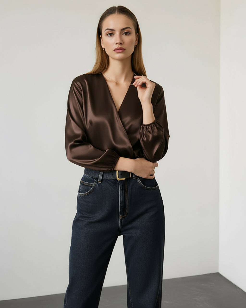 Brown V Neck Wrap Satin Tops SOLACE