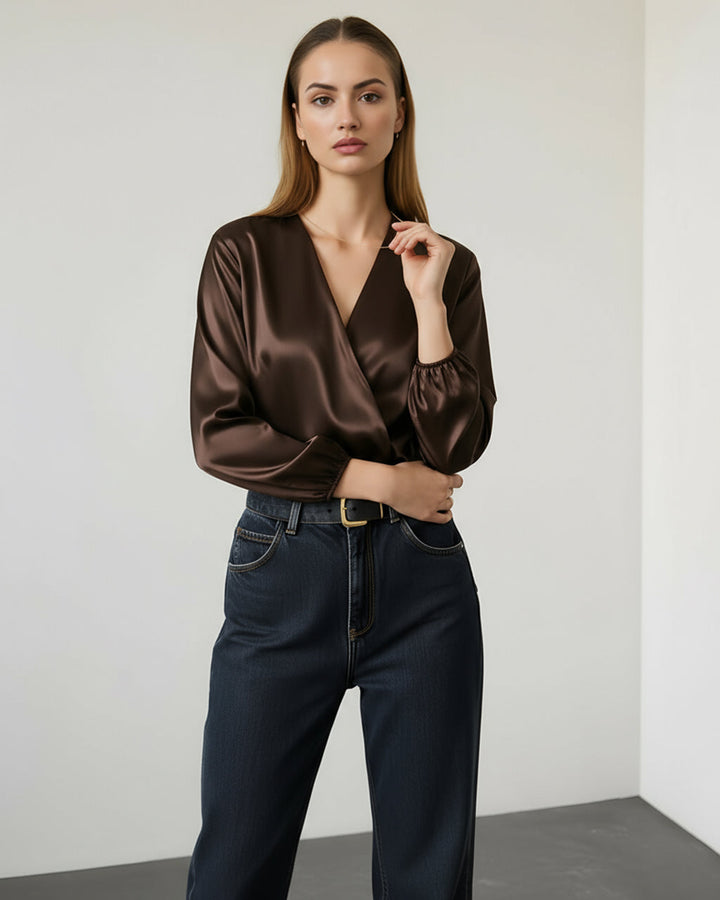 Brown V Neck Wrap Satin Tops SOLACE