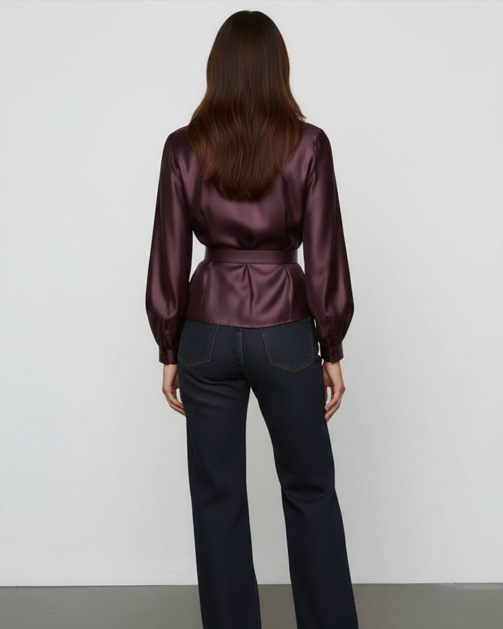 Wine Red Satin Belt Satin Wrap Top SOLACE