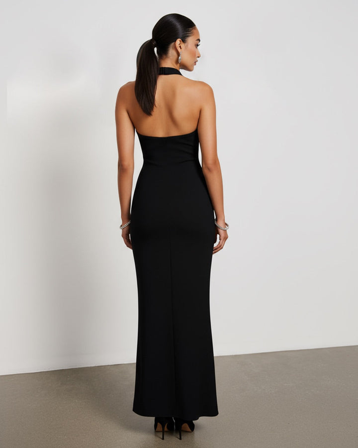 Black Cross Neck Rhinestone Slim-Fitting Dress SOLACE