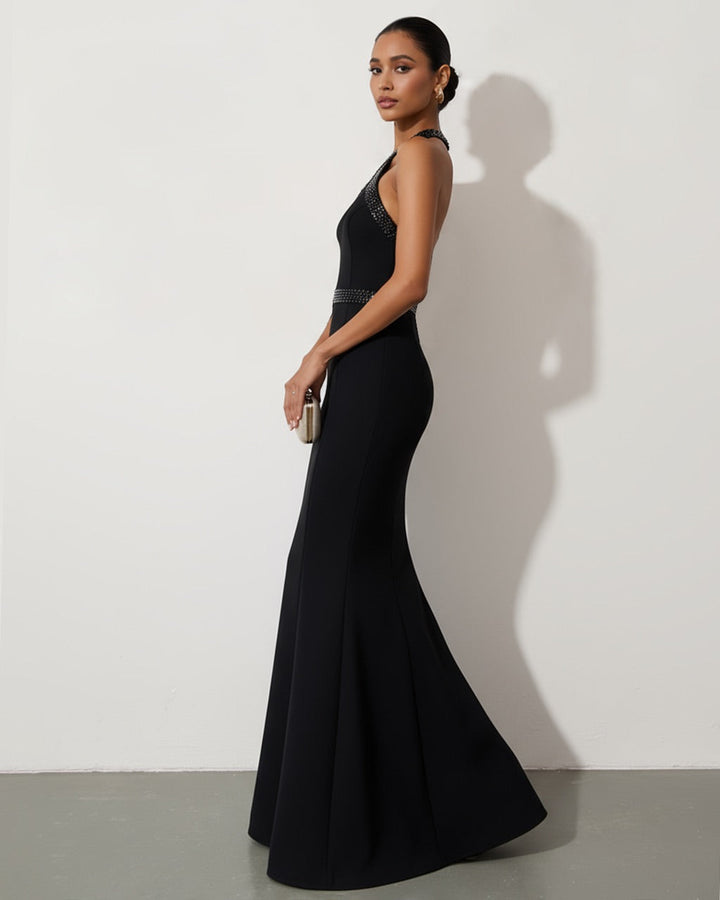 Black Halter Neck Rhinestone Mermaid Dress SOLACE