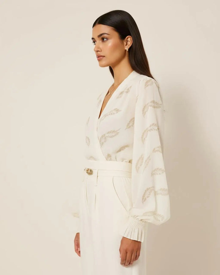 V-Neck Leaf Printed Wrap Top SOLACE