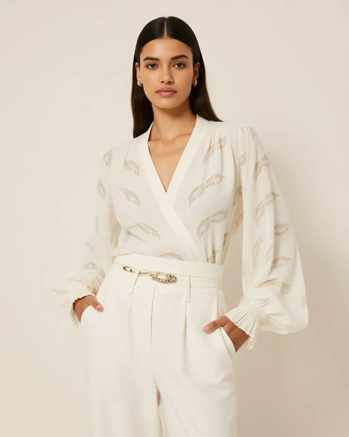 V-Neck Leaf Printed Wrap Top SOLACE