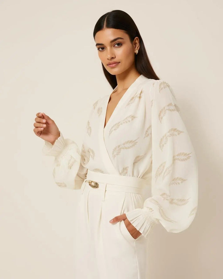 V-Neck Leaf Printed Wrap Top SOLACE