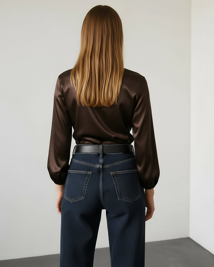 Brown V Neck Wrap Satin Tops SOLACE