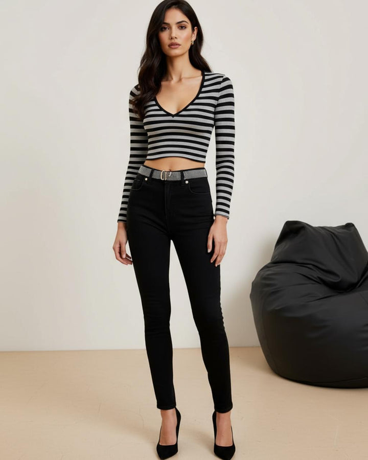 Black And White Stripe V Neck Crop Top SOLACE