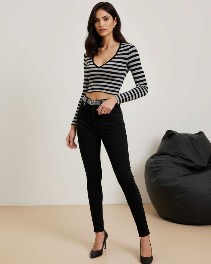 Black And White Stripe V Neck Crop Top SOLACE
