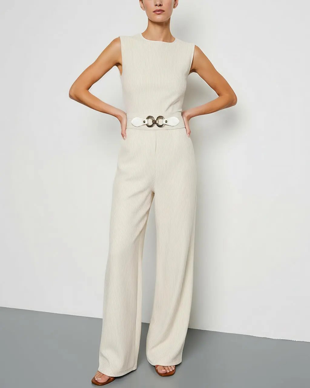 White Belted Wide-Leg Jumpsuit SOLACE
