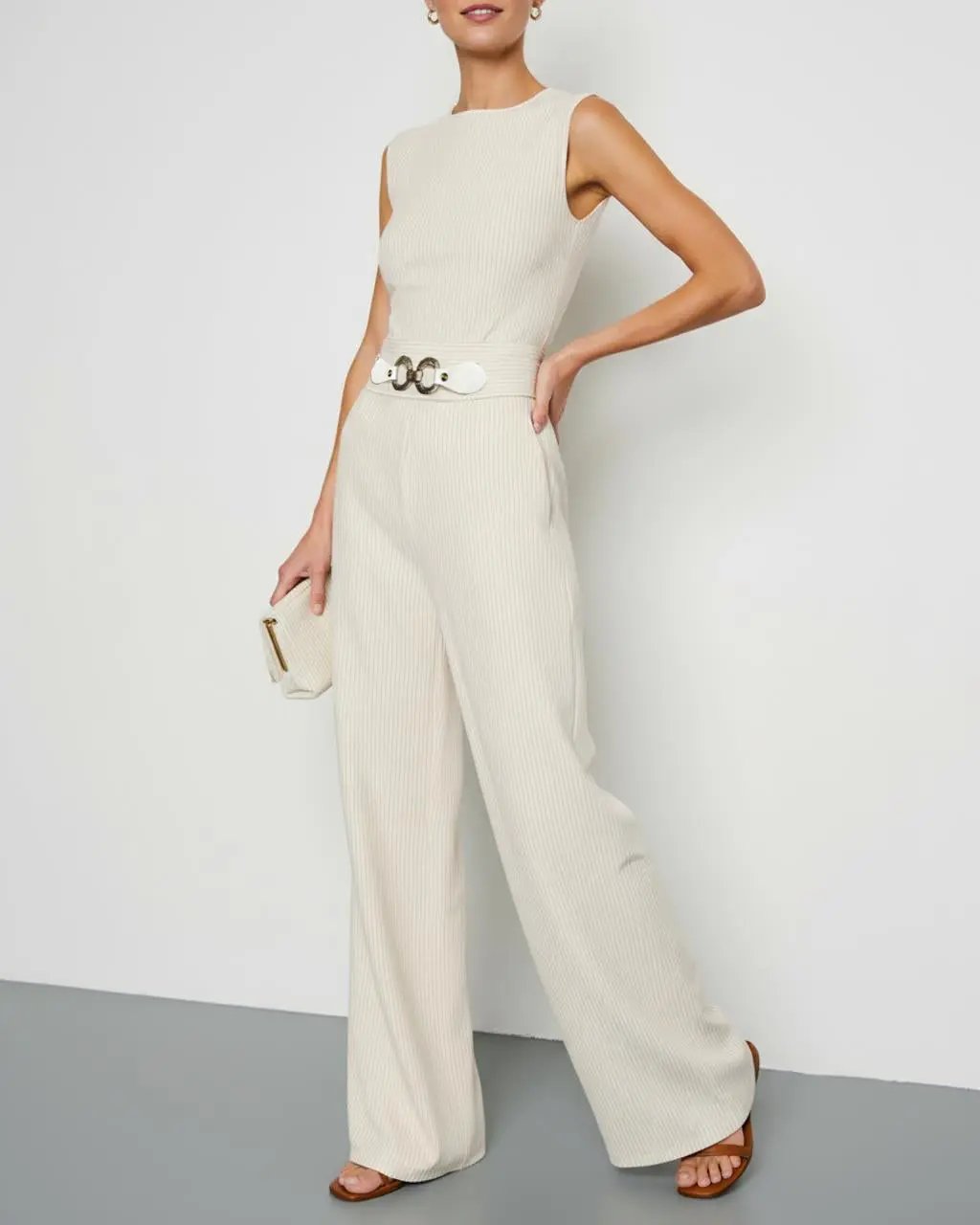 White Belted Wide-Leg Jumpsuit SOLACE