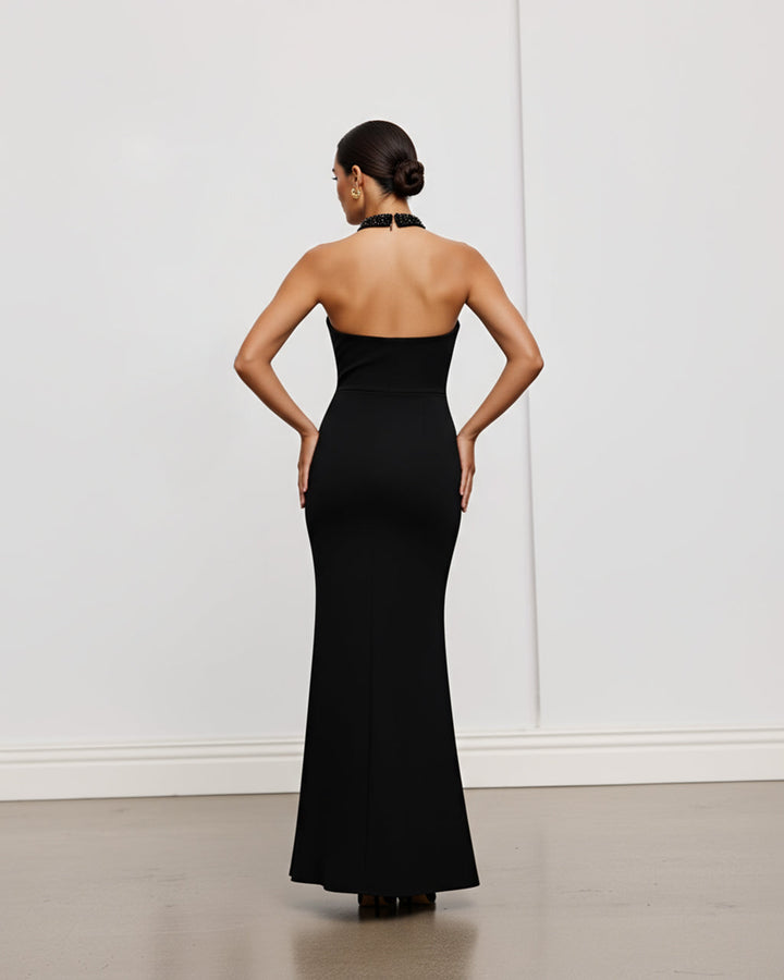 Black Beaded Halter Neck Mermaid Dress SOLACE