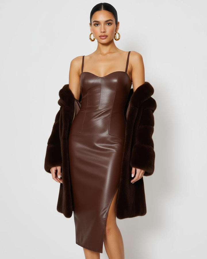 Brown Leather Strappy Midi Dress SOLACE
