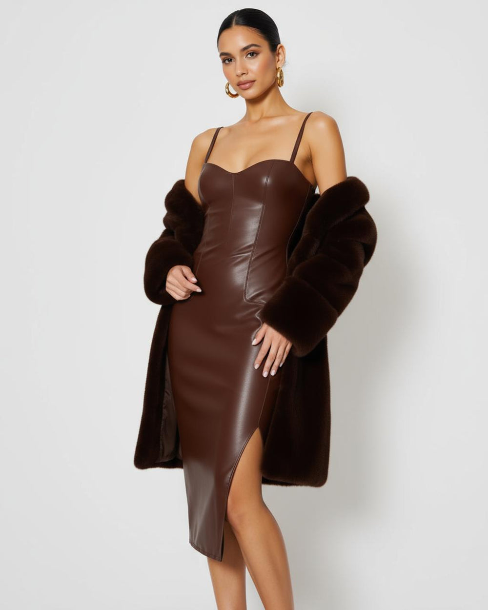 Brown Leather Strappy Midi Dress SOLACE