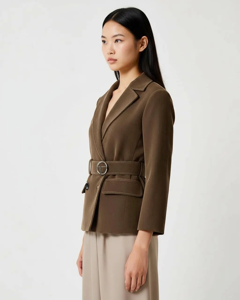 Brown Lace-Up Waistline Suit Jacket SOLACE