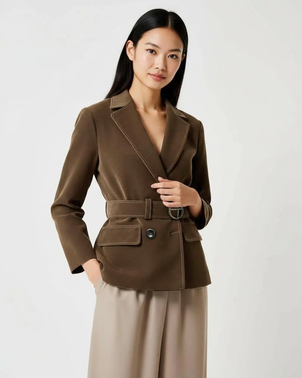 Brown Lace-Up Waistline Suit Jacket SOLACE