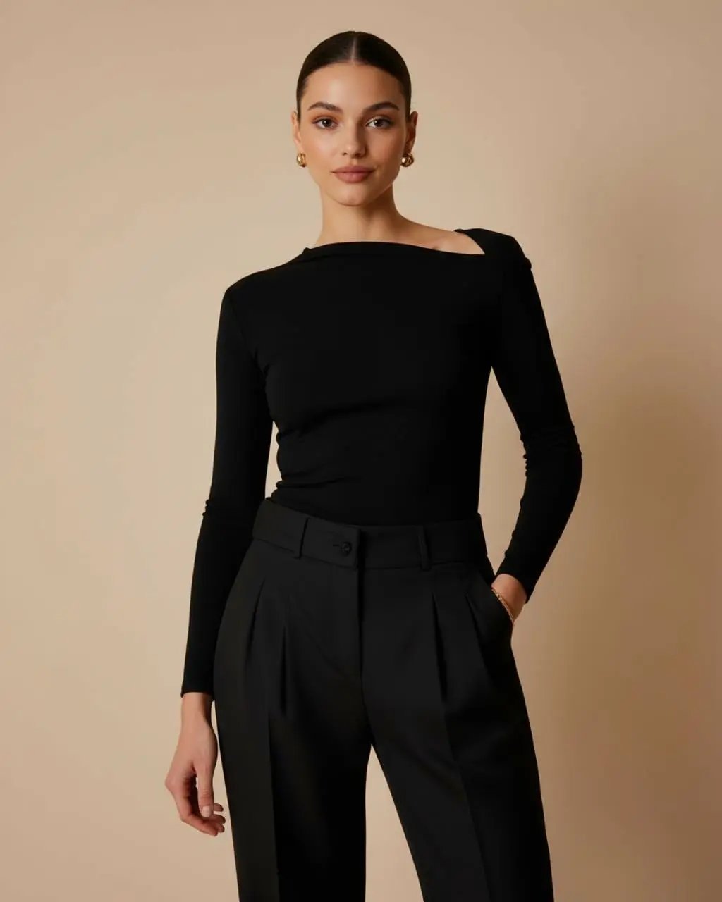 Black Asymmetric Twist-Shoulder Top SOLACE