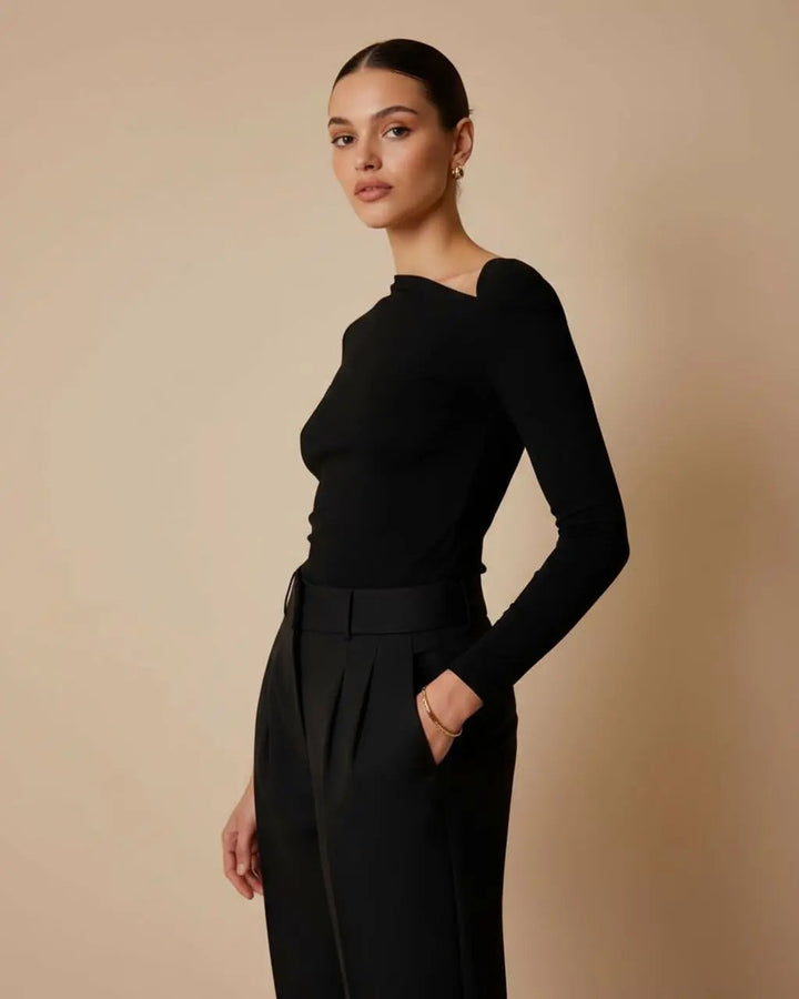Black Asymmetric Twist-Shoulder Top SOLACE