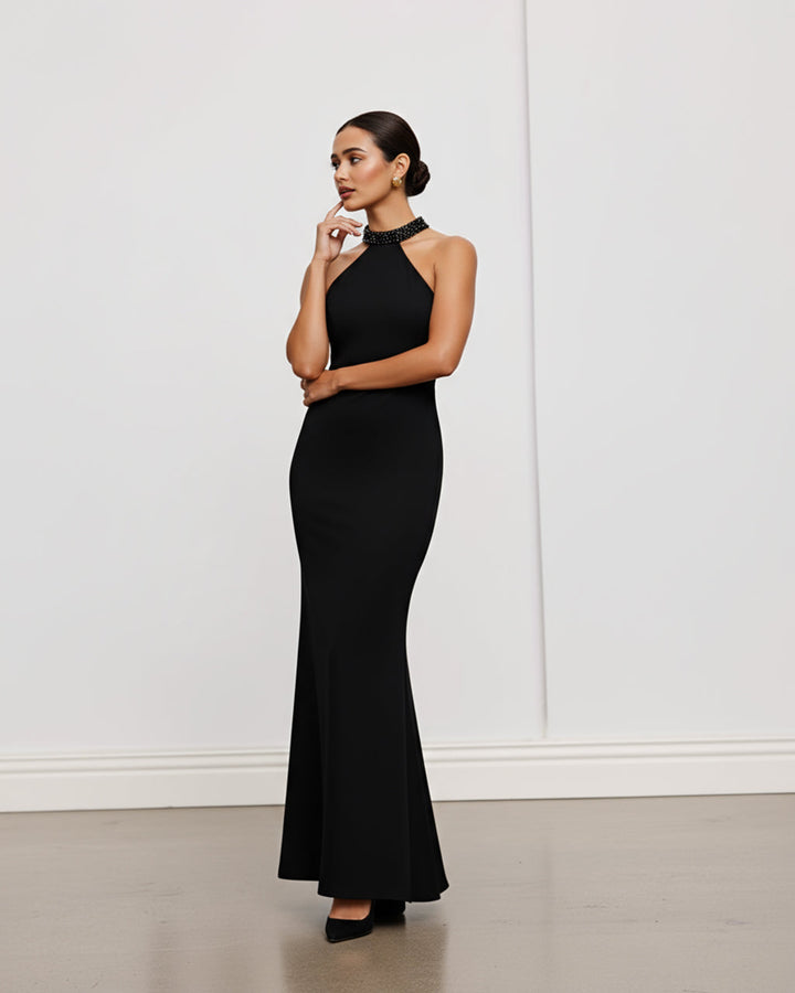Black Beaded Halter Neck Mermaid Dress SOLACE