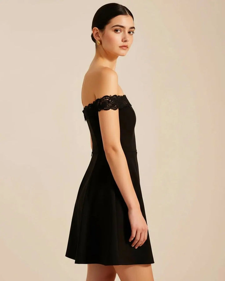 Black Lace Off-the-Shoulder Short Dress SOLACE