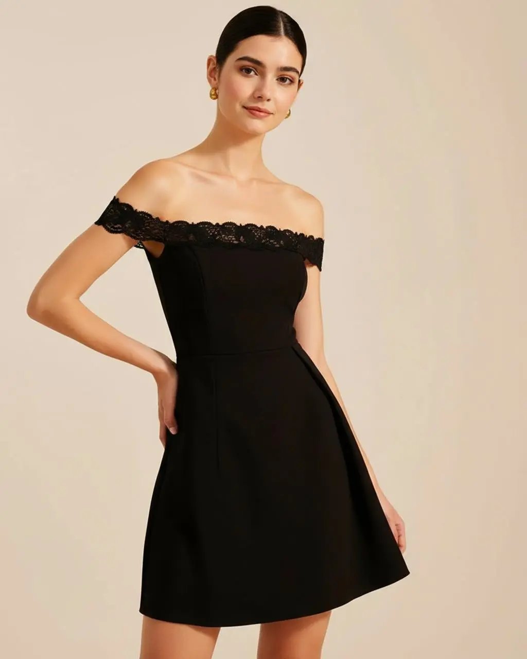 Black Lace Off-the-Shoulder Short Dress SOLACE