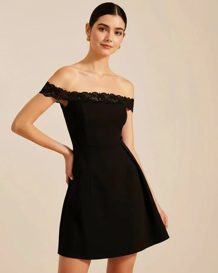 Black Lace Off-the-Shoulder Short Dress SOLACE