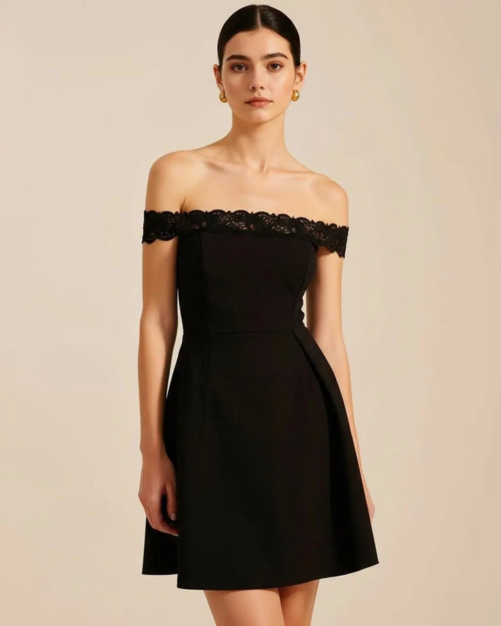 Black Lace Off-the-Shoulder Short Dress SOLACE