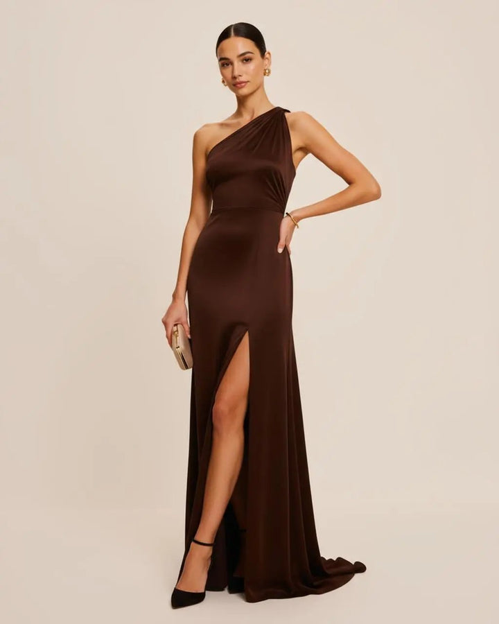 Brown One-Shoulder Side Slit Maxi Dress SOLACE