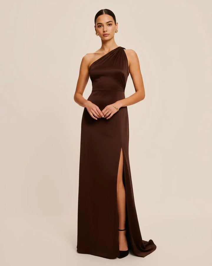 Brown One-Shoulder Side Slit Maxi Dress SOLACE