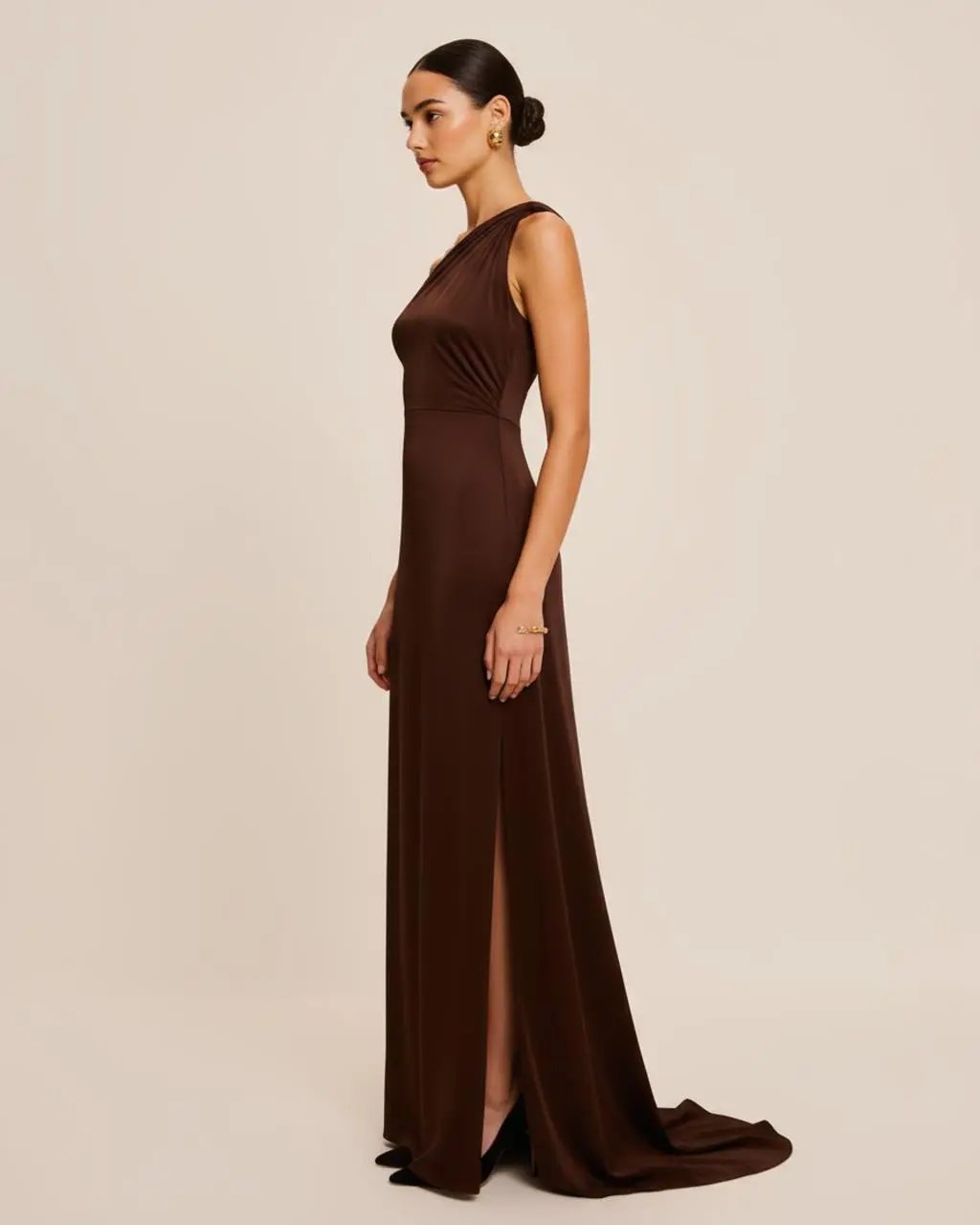 Brown One-Shoulder Side Slit Maxi Dress SOLACE