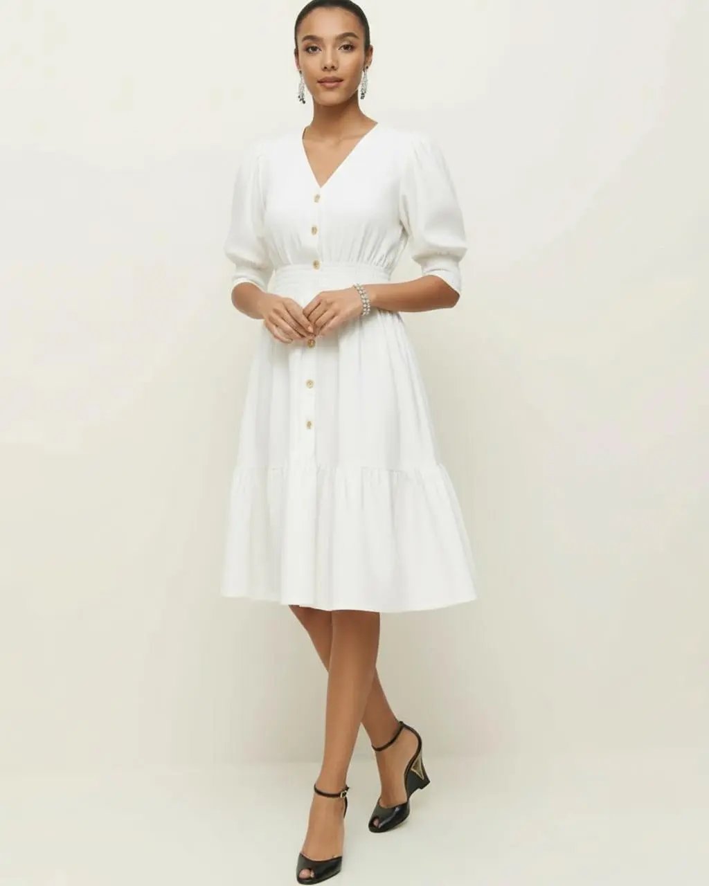 V-neck Elbow Sleeve Shirt Dress SOLACE