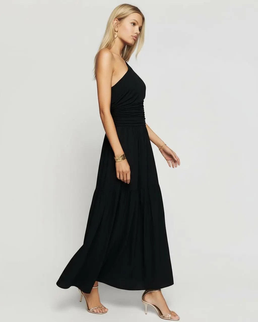 Black One-Shoulder Pleat Maxi Dress SOLACE