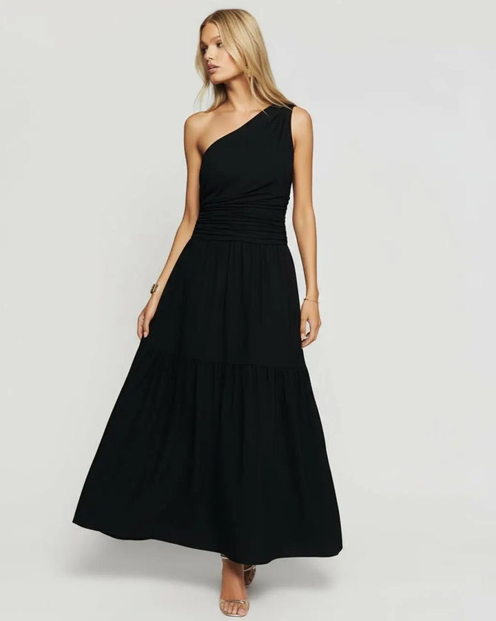 Black One-Shoulder Pleat Maxi Dress SOLACE