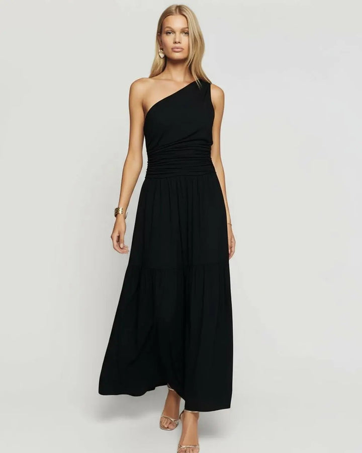 Black One-Shoulder Pleat Maxi Dress SOLACE