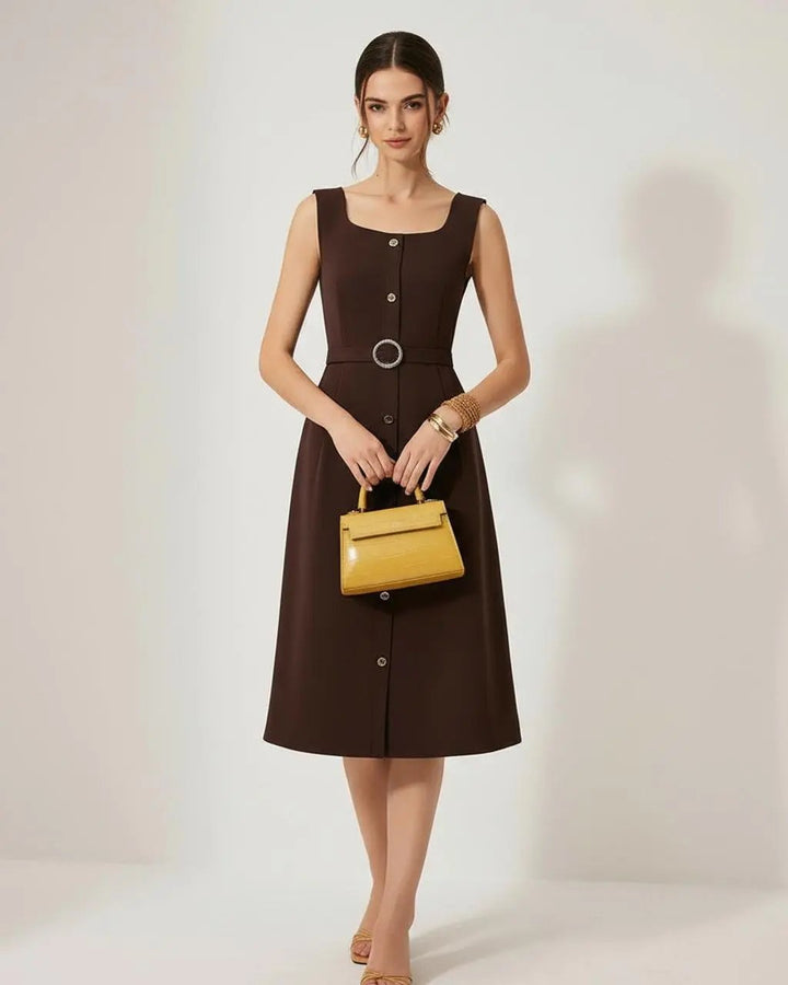 Brown Square Neck Button-Down Dress SOLACE