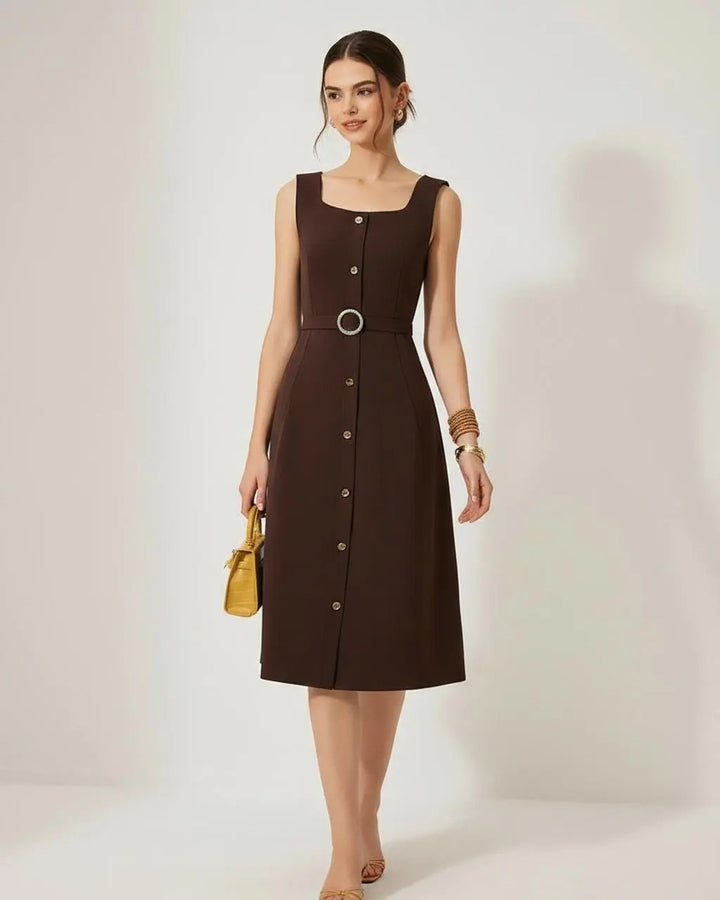 Brown Square Neck Button-Down Dress SOLACE