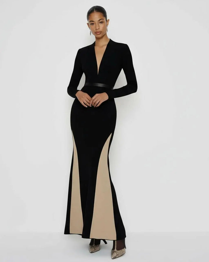 Deep V-Neck Contrast Fishtail Dress SOLACE