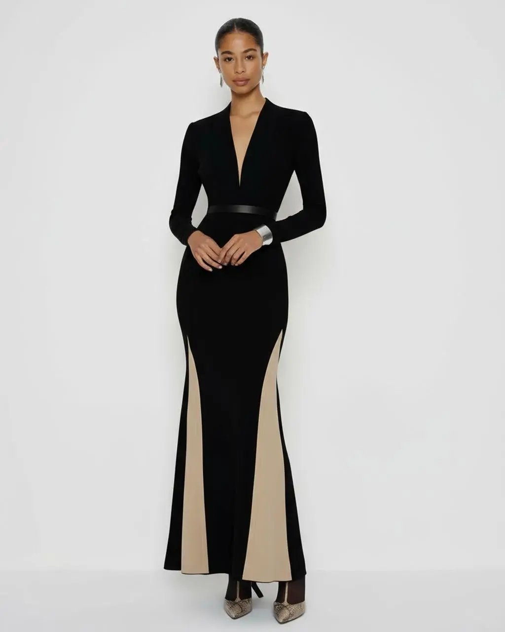 Deep V-Neck Contrast Fishtail Dress SOLACE