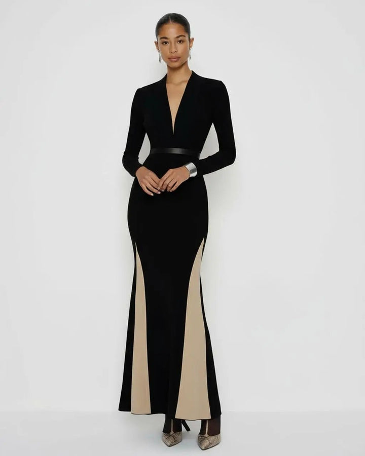 Deep V-Neck Contrast Fishtail Dress SOLACE