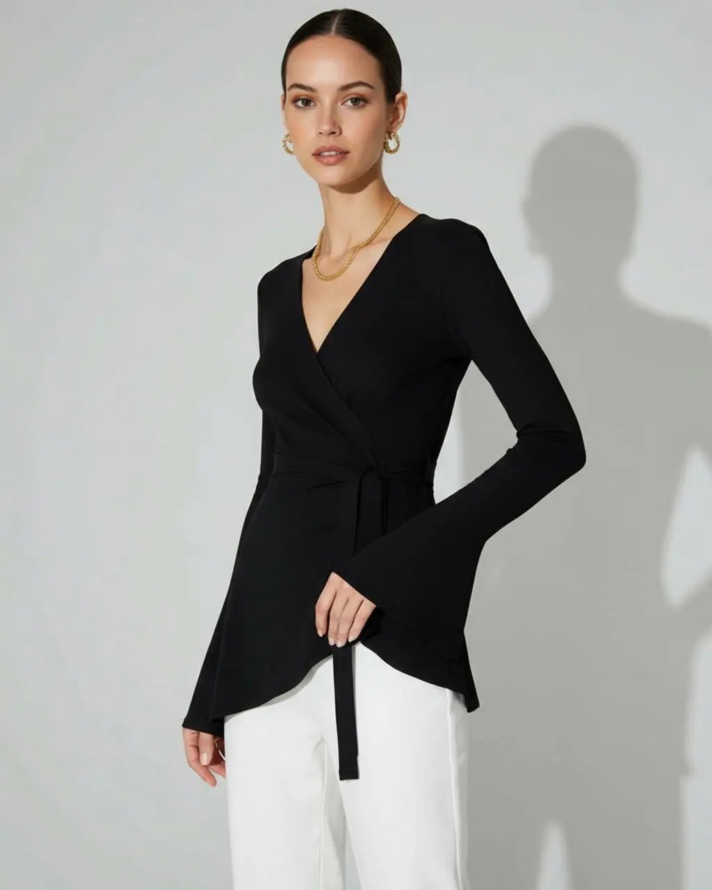 Bell-Sleeve Asymmetrical Hem Wrap Top SOLACE