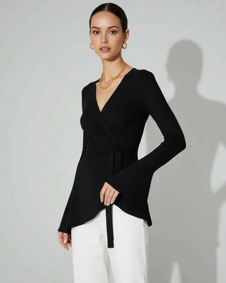 Bell-Sleeve Asymmetrical Hem Wrap Top SOLACE