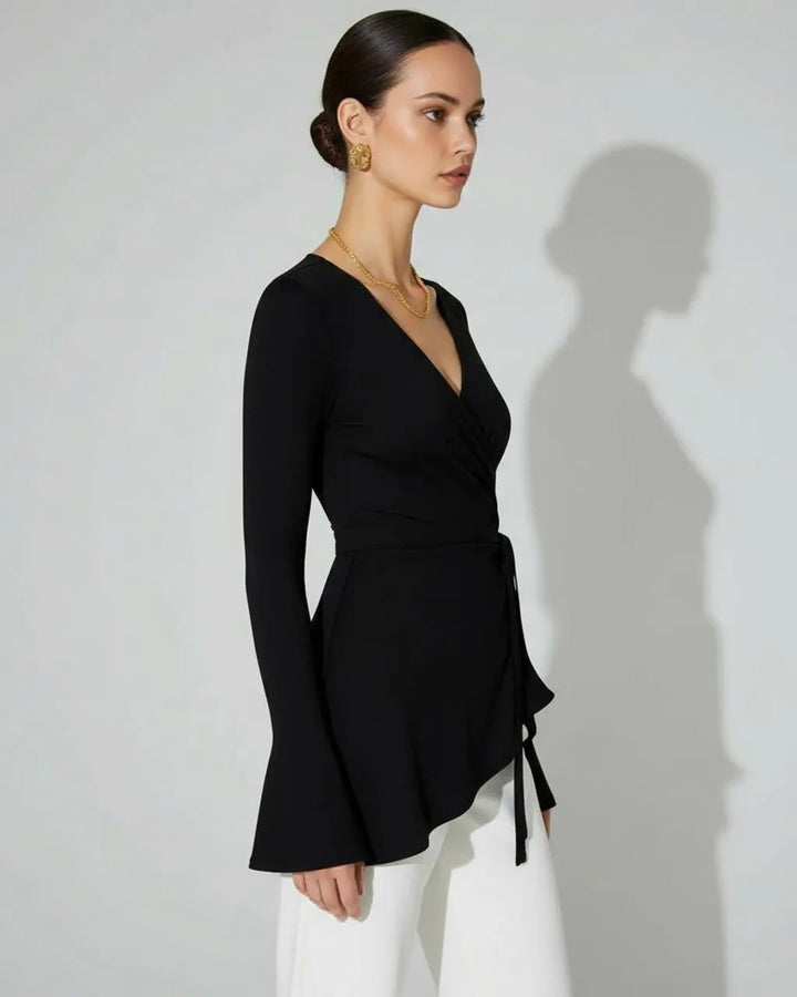 Bell-Sleeve Asymmetrical Hem Wrap Top SOLACE