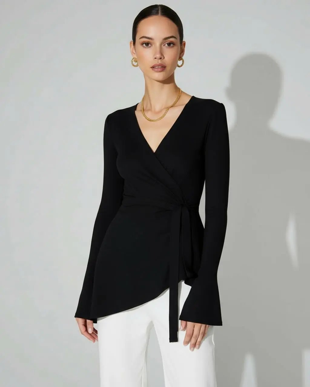 Bell-Sleeve Asymmetrical Hem Wrap Top SOLACE