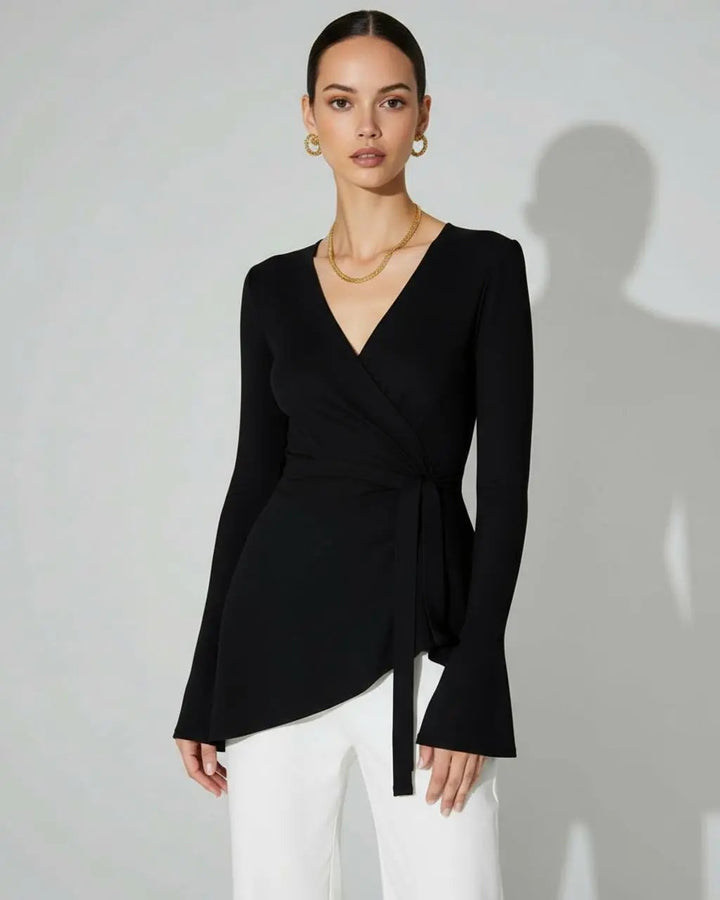 Bell-Sleeve Asymmetrical Hem Wrap Top SOLACE
