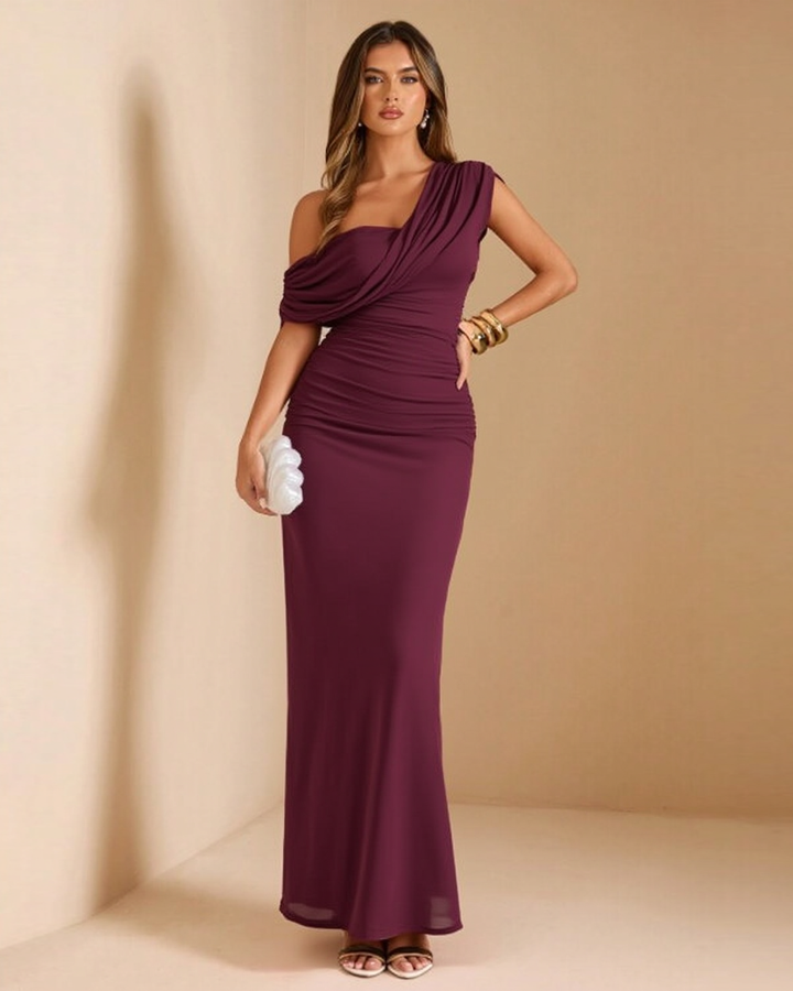 One Shoulder Ruched Decor Fit Maxi Dress SOLACE