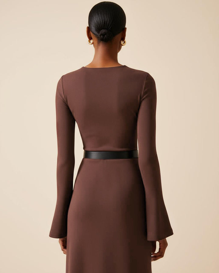 Brown Bell Sleeve Knit Midi Dress SOLACE