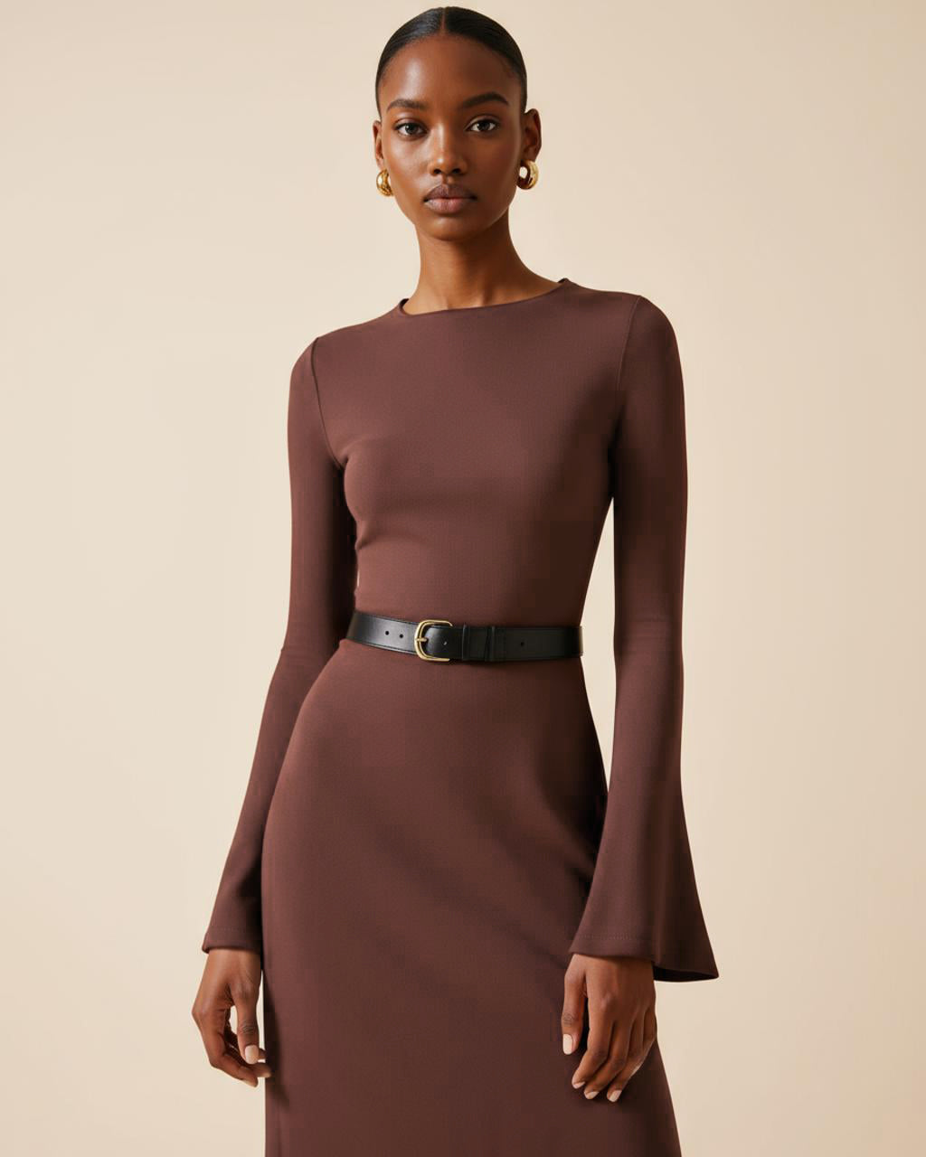 Brown Bell Sleeve Knit Midi Dress SOLACE