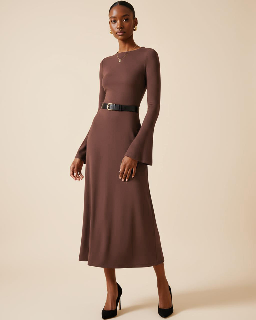 Brown Bell Sleeve Knit Midi Dress SOLACE