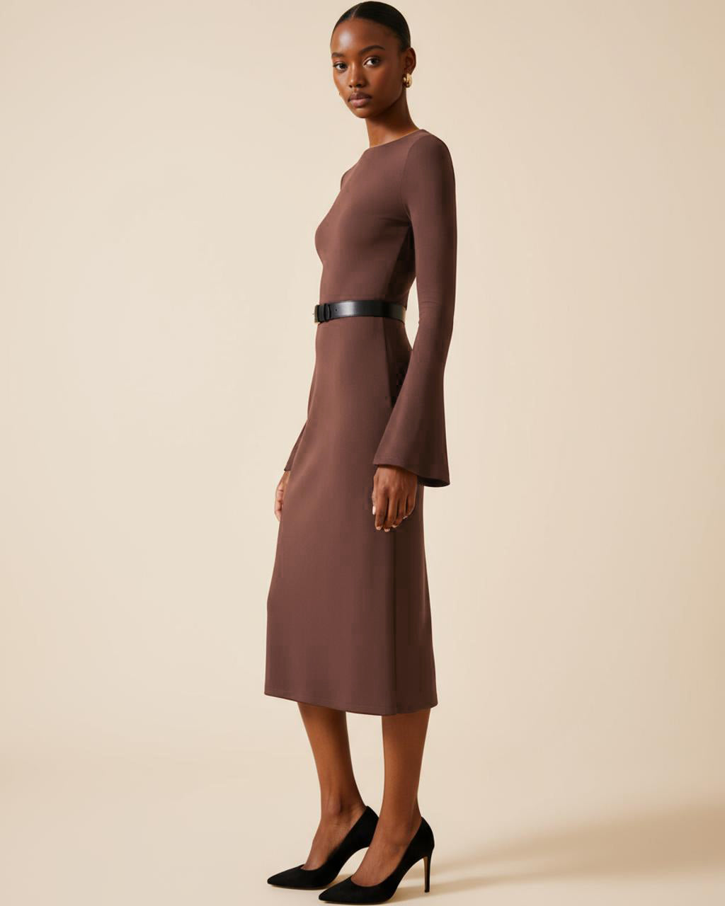 Brown Bell Sleeve Knit Midi Dress SOLACE