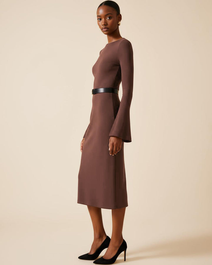 Brown Bell Sleeve Knit Midi Dress SOLACE