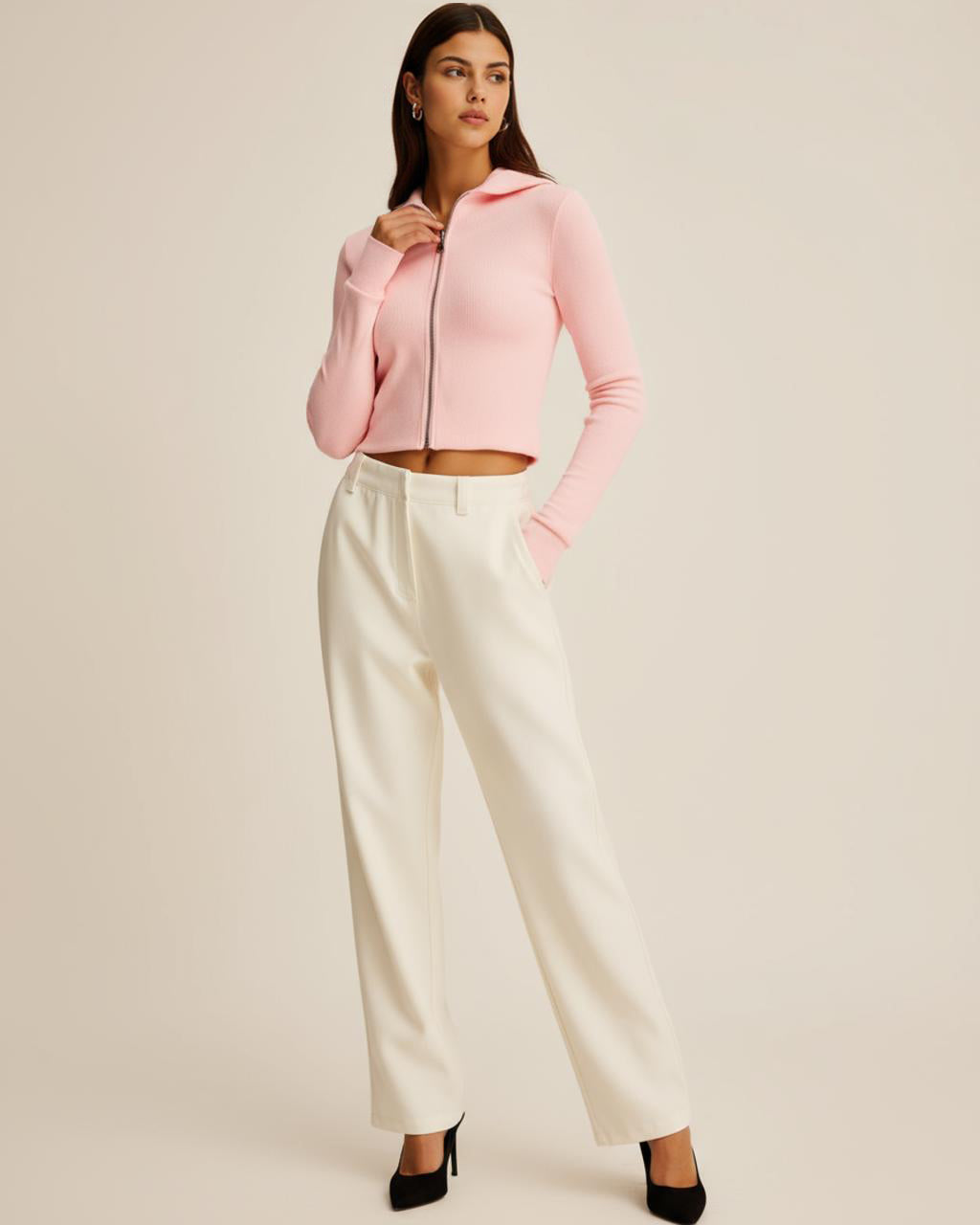 Zipper Long-Sleeve Cropped Knit Top SOLACE